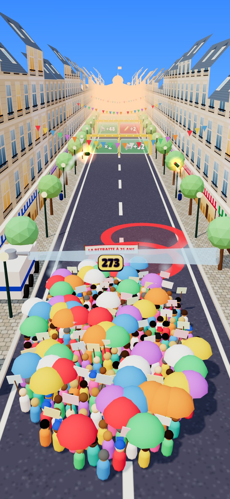 Le cortège ouvre ses parapluies face au canon à eau